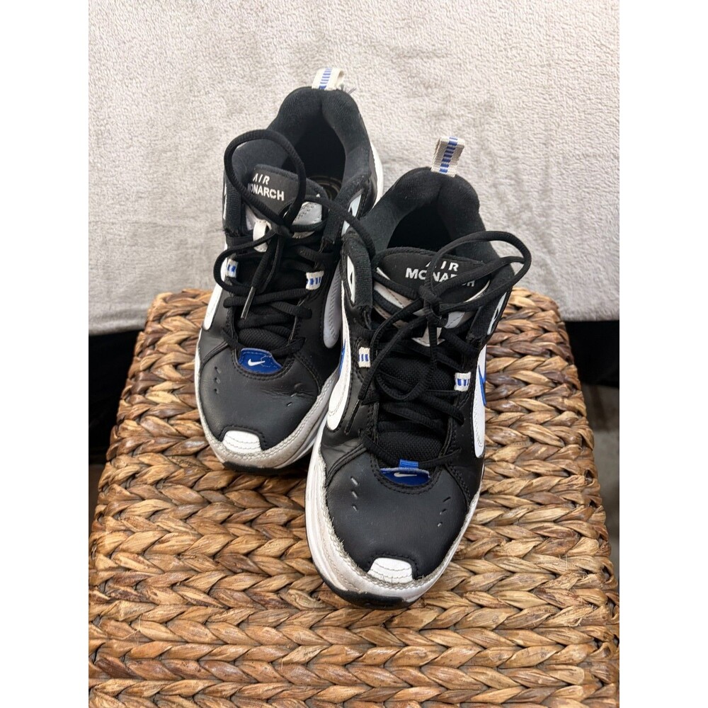 Nike Air Monarch IV Men's 7 Low Top Lace-Up Leather Sneakers Black/White/Blue